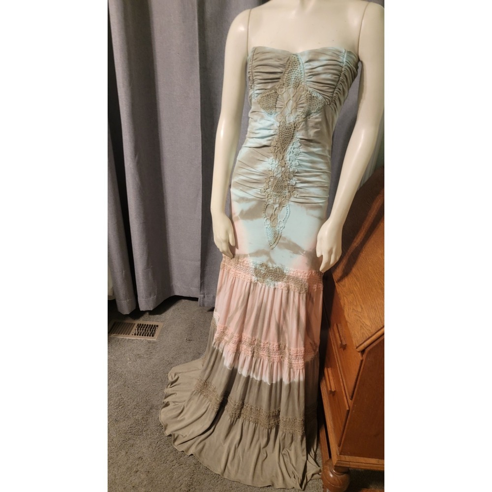SKY Brand Women's Large Dress Mermaid Maxi Blue Pink Tan Tie Dye Crochet Accent‎